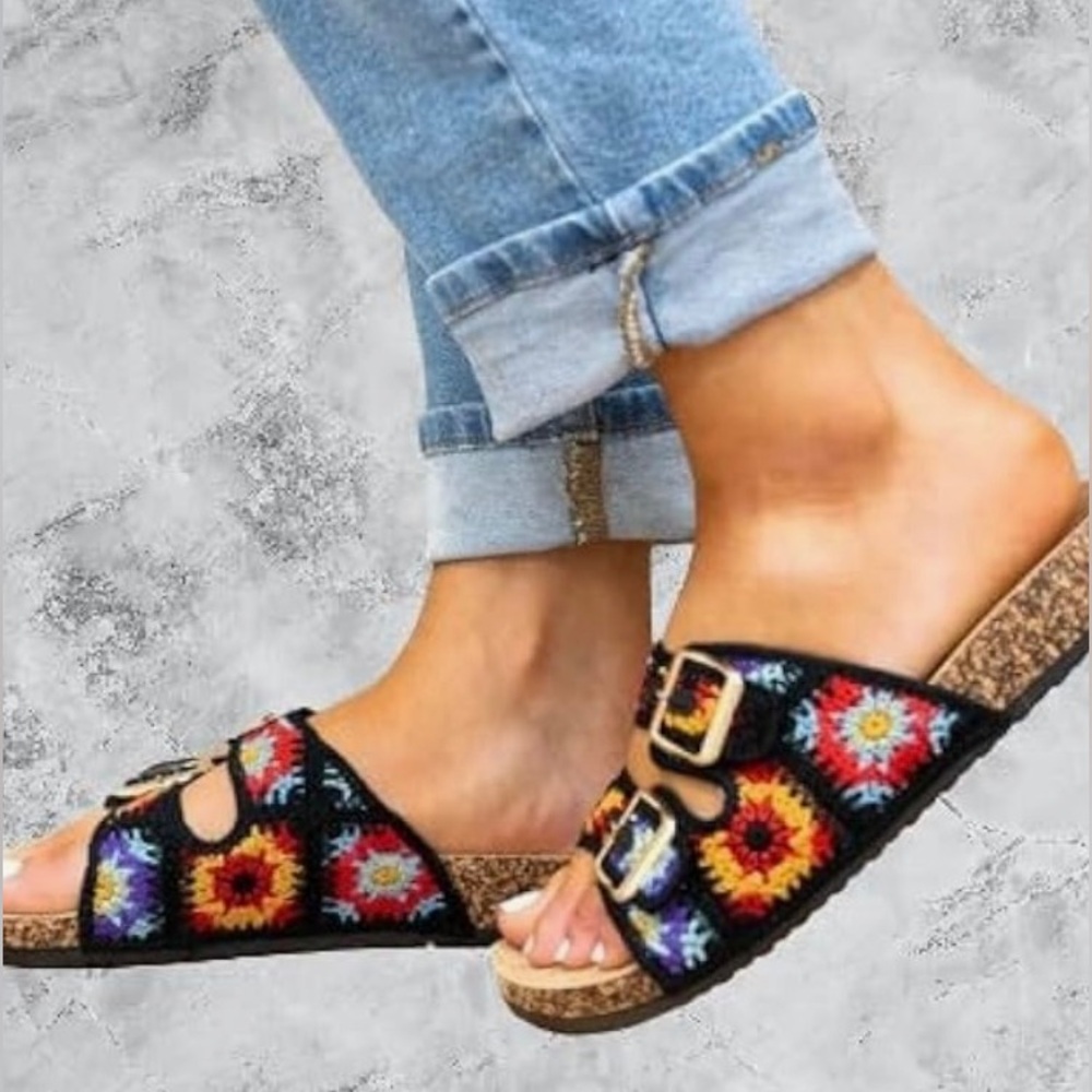 Woven Floral Double-Buckle Slide Sandals - Black